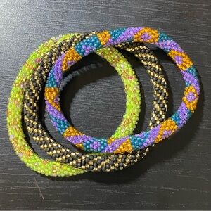 Colorful Roll On Glass Seed Bead Crocheted Bracelets Trio